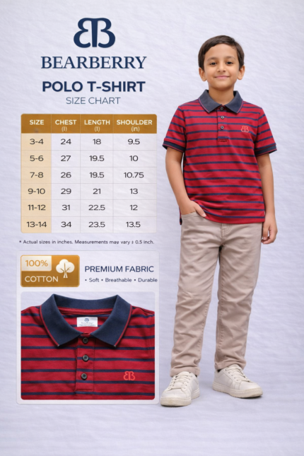 Bearberry Kids Yarn-Dyed Polo T-Shirt for Boys (3–14 Years) – Soft Cotton Striped Half Sleeve T-Shirt