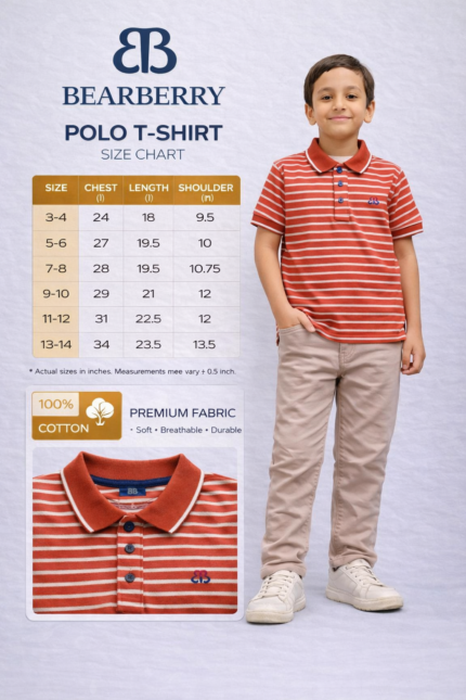 Bearberry Kids Yarn-Dyed Polo T-Shirt for Boys (3–14 Years) – Soft Cotton Striped Half Sleeve T-Shirt