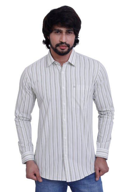 Bearberry White & Olive Striped Cotton Shirt – 100% Pure Cotton | Slim Fit Premium Smart Casual Wear