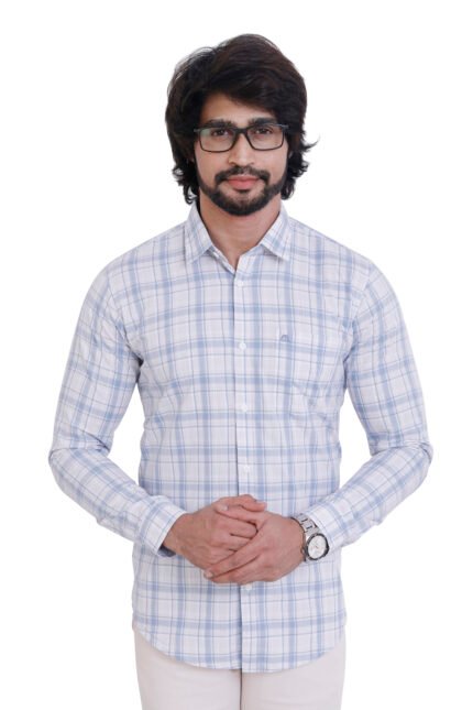 Bearberry Sky Blue Check Cotton Shirt – 100% Pure Cotton | Slim Fit Elegant Office & Smart Casual Wear