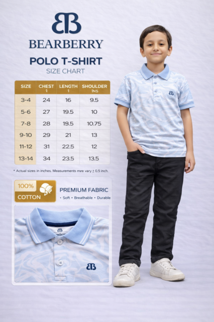Bearberry Kids Printed Cotton Polo T-Shirt – Soft Breathable Premium Summer Wear (Ages 3–14)