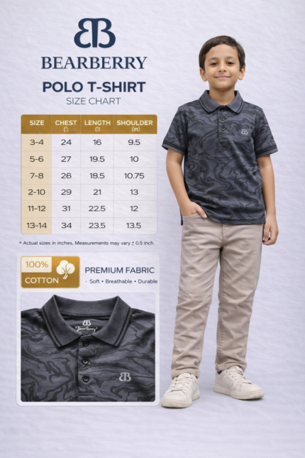 Bearberry Kids Dark Printed Cotton Polo T-Shirt – Premium Soft Breathable Casual Wear (Ages 3–14)