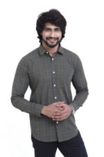 Bearberry Olive Green Check Cotton Shirt – 100% Pure Cotton | Slim Fit Premium Casual Shirt for Men