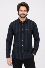 Bearberry Midnight Black Striped 100% Cotton Shirt for Men – Full Sleeve Premium Casual Shirt