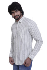 Bearberry White & Olive Striped Cotton Shirt – 100% Pure Cotton | Slim Fit Premium Smart Casual Wear - Image 3