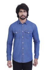 Bearberry Men’s 100% Cotton Medium Blue Denim Shirt – Double Pocket Full Sleeve Casual Shirt