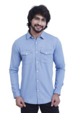 Bearberry Men’s 100% Cotton Denim Shirt – Light Blue Double Pocket Casual Shirt for Men