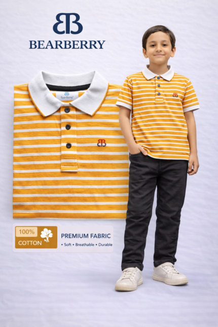 Bearberry Kids Yarn-Dyed Polo T-Shirt for Boys (3–14 Years) – Soft Cotton Striped Half Sleeve T-Shirt - 8