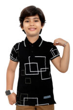 Bearberry Kids Black Geometric Print Polo T-Shirt – Premium Pique Cotton - Black