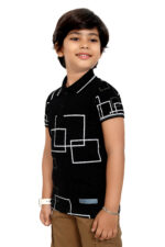 Bearberry Kids Black Geometric Print Polo T-Shirt – Premium Pique Cotton - Black - Image 3