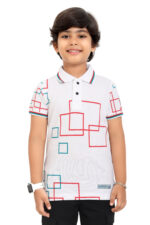 Bearberry Kids Black Geometric Print Polo T-Shirt – Premium Pique Cotton - White
