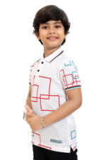 Bearberry Kids Black Geometric Print Polo T-Shirt – Premium Pique Cotton - White - Image 3