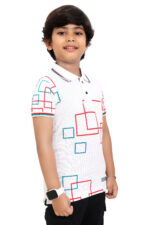 Bearberry Kids Black Geometric Print Polo T-Shirt – Premium Pique Cotton - White - Image 4