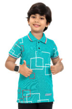Bearberry Kids Black Geometric Print Polo T-Shirt – Premium Pique Cotton - Turquoise