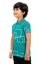 Bearberry Kids Black Geometric Print Polo T-Shirt – Premium Pique Cotton - Turquoise - Image 3