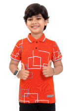 Bearberry Kids Black Geometric Print Polo T-Shirt – Premium Pique Cotton - Orange