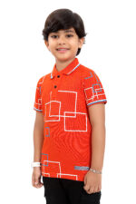 Bearberry Kids Black Geometric Print Polo T-Shirt – Premium Pique Cotton - Orange - Image 3
