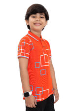 Bearberry Kids Black Geometric Print Polo T-Shirt – Premium Pique Cotton - Orange - Image 4