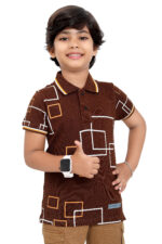 Bearberry Kids Black Geometric Print Polo T-Shirt – Premium Pique Cotton - Brown
