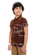 Bearberry Kids Black Geometric Print Polo T-Shirt – Premium Pique Cotton - Brown - Image 3