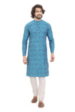 Bearberry Men’s Teal Blue Self-Design Jacquard Cotton Kurta | Yarn-Dyed Premium Ethnic Wear