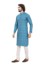Bearberry Men’s Teal Blue Self-Design Jacquard Cotton Kurta | Yarn-Dyed Premium Ethnic Wear - Image 3