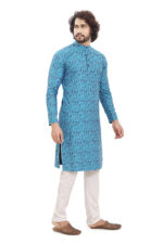 Bearberry Men’s Teal Blue Self-Design Jacquard Cotton Kurta | Yarn-Dyed Premium Ethnic Wear - Image 4