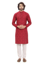 Bearberry Men’s Red Jacquard Cotton Kurta | Premium Ethnic Wear | Festive & Occasion Kurta