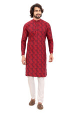 Bearberry Men’s Red Geometric Jacquard Cotton Kurta | Premium Ethnic Wear for Festive & Wedding