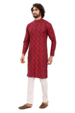 Bearberry Men’s Red Geometric Jacquard Cotton Kurta | Premium Ethnic Wear for Festive & Wedding - Image 2