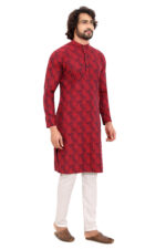 Bearberry Men’s Red Geometric Jacquard Cotton Kurta | Premium Ethnic Wear for Festive & Wedding - Image 3