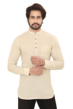 Men’s 100% Cotton Solid Beige Short Kurta – Full Sleeve