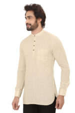Men’s 100% Cotton Solid Beige Short Kurta – Full Sleeve - Image 3