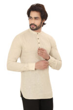 Men’s 100% Cotton Solid Beige Short Kurta – Full Sleeve - Image 4