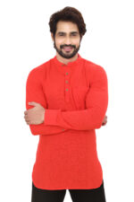 Men’s 100% Cotton Solid Red Short Kurta – Full Sleeve