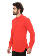 Men’s 100% Cotton Solid Red Short Kurta – Full Sleeve - Image 3