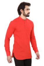 Men’s 100% Cotton Solid Red Short Kurta – Full Sleeve - Image 4