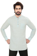 Men’s 100% Cotton Solid Sky Blue Short Kurta – Full Sleeve