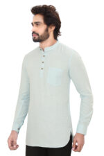 Men’s 100% Cotton Solid Sky Blue Short Kurta – Full Sleeve - Image 3