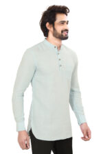Men’s 100% Cotton Solid Sky Blue Short Kurta – Full Sleeve - Image 4