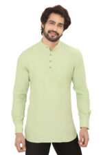 Men’s 100% Cotton Pastel Green Short Kurta – Full Sleeve