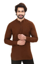 Men’s 100% Cotton Solid Brown Short Kurta – Full Sleeve