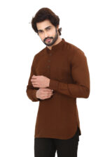Men’s 100% Cotton Solid Brown Short Kurta – Full Sleeve - Image 3