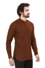 Men’s 100% Cotton Solid Brown Short Kurta – Full Sleeve - Image 4