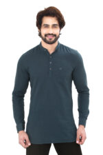 Men’s 100% Cotton Solid Dark Teal Short Kurta – Full Sleeve
