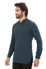 Men’s 100% Cotton Solid Dark Teal Short Kurta – Full Sleeve - Image 3