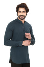 Men’s 100% Cotton Solid Dark Teal Short Kurta – Full Sleeve - Image 4