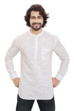Men’s 100% Cotton Solid White Short Kurta – Full Sleeve