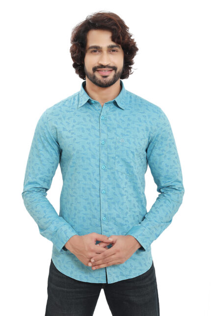 Bearberry Premium Aqua Blue Jacquard Cotton Shirt – 100% Cotton | Self Design | Slim Fit